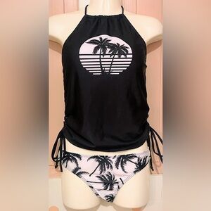 Black Palm Print Tankini Swimsuit Set